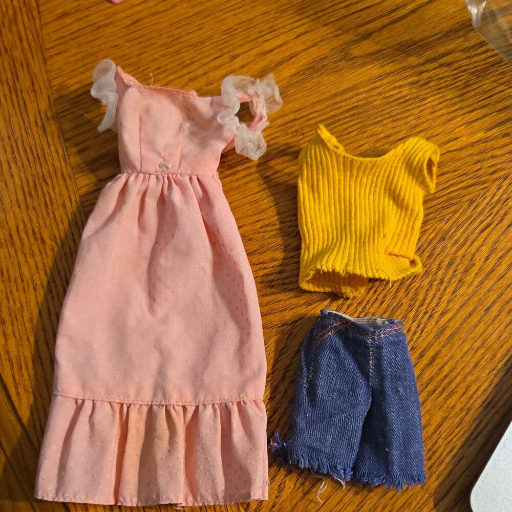 BARBIE CLOTHING LOT CASUAL 3PC CLOTH OUTFIT PINK DRESS YELLOW TOP BLUE SHORTS